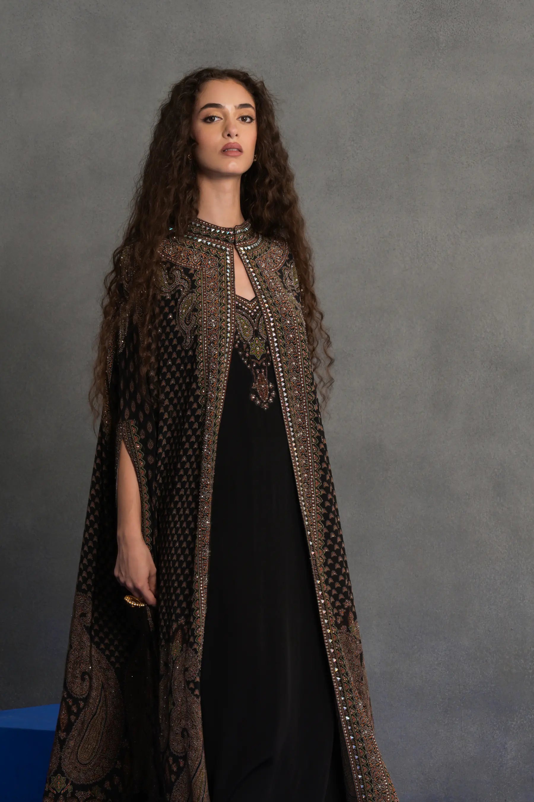 Black and Bronze Embroidered Cape Gown