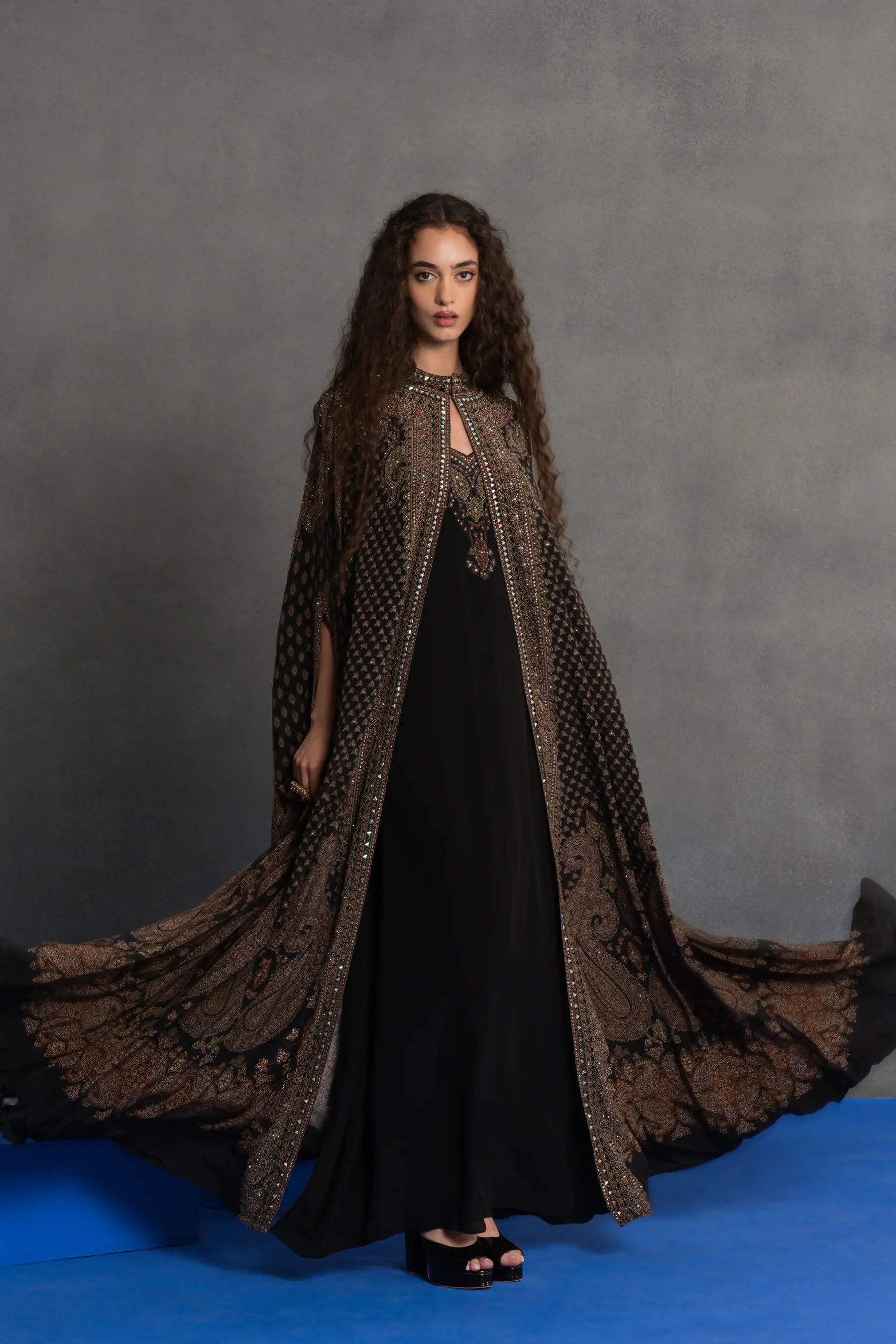 Black and Bronze Embroidered Cape Gown