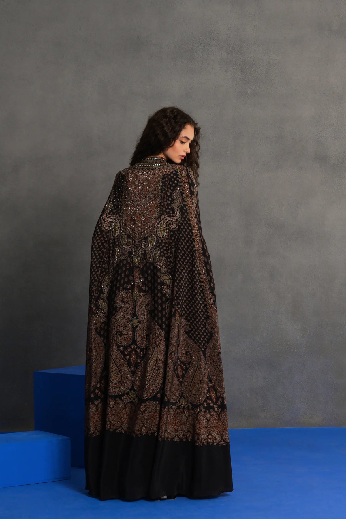 Black and Bronze Embroidered Cape Gown