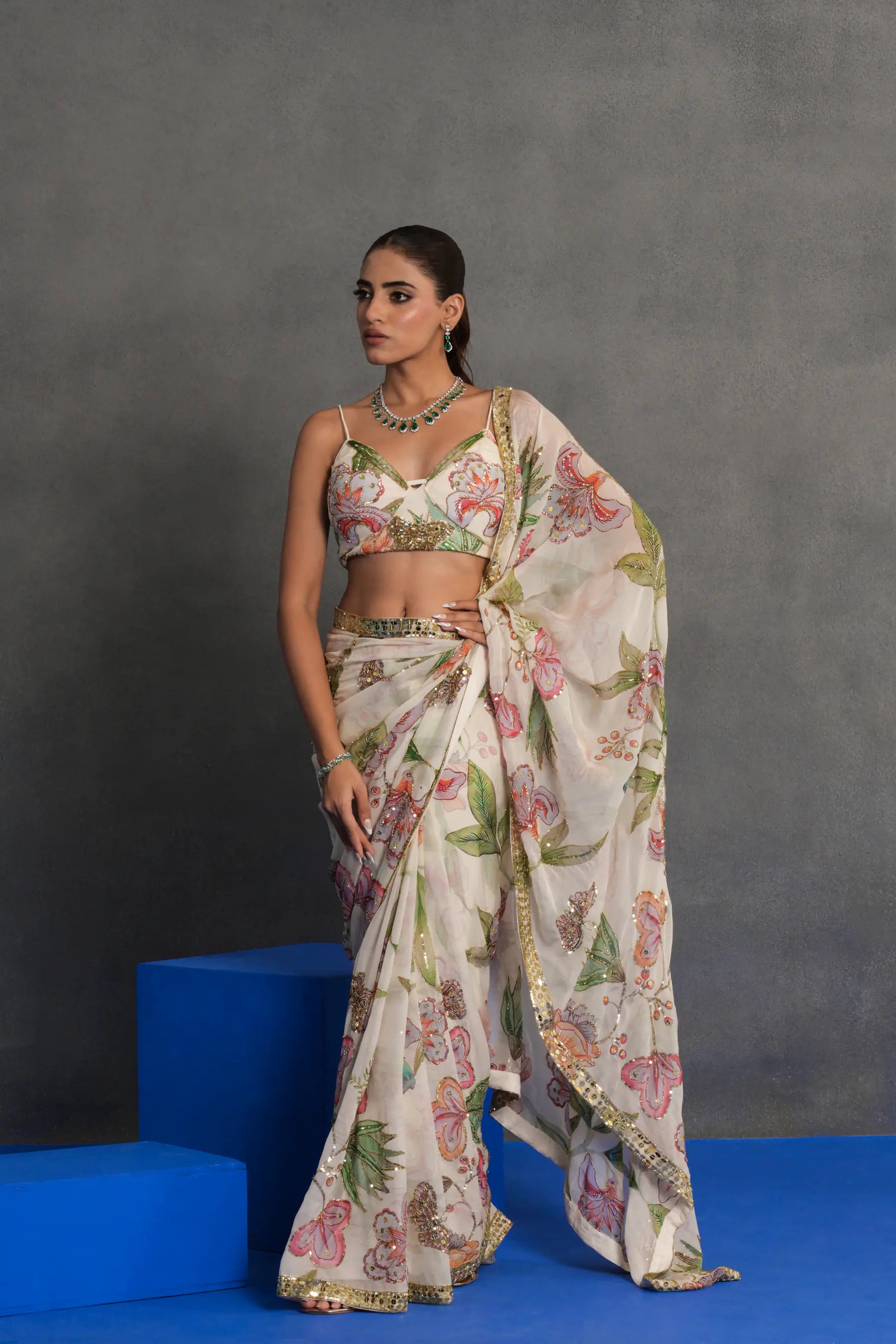 Ivory Floral Printed and Embellished Saree Set