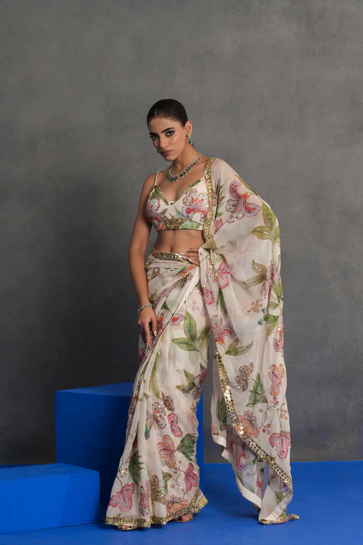 Ivory Floral Printed and Embellished Saree Set
