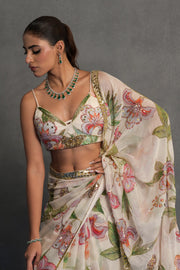 Ivory Floral Printed and Embellished Saree Set