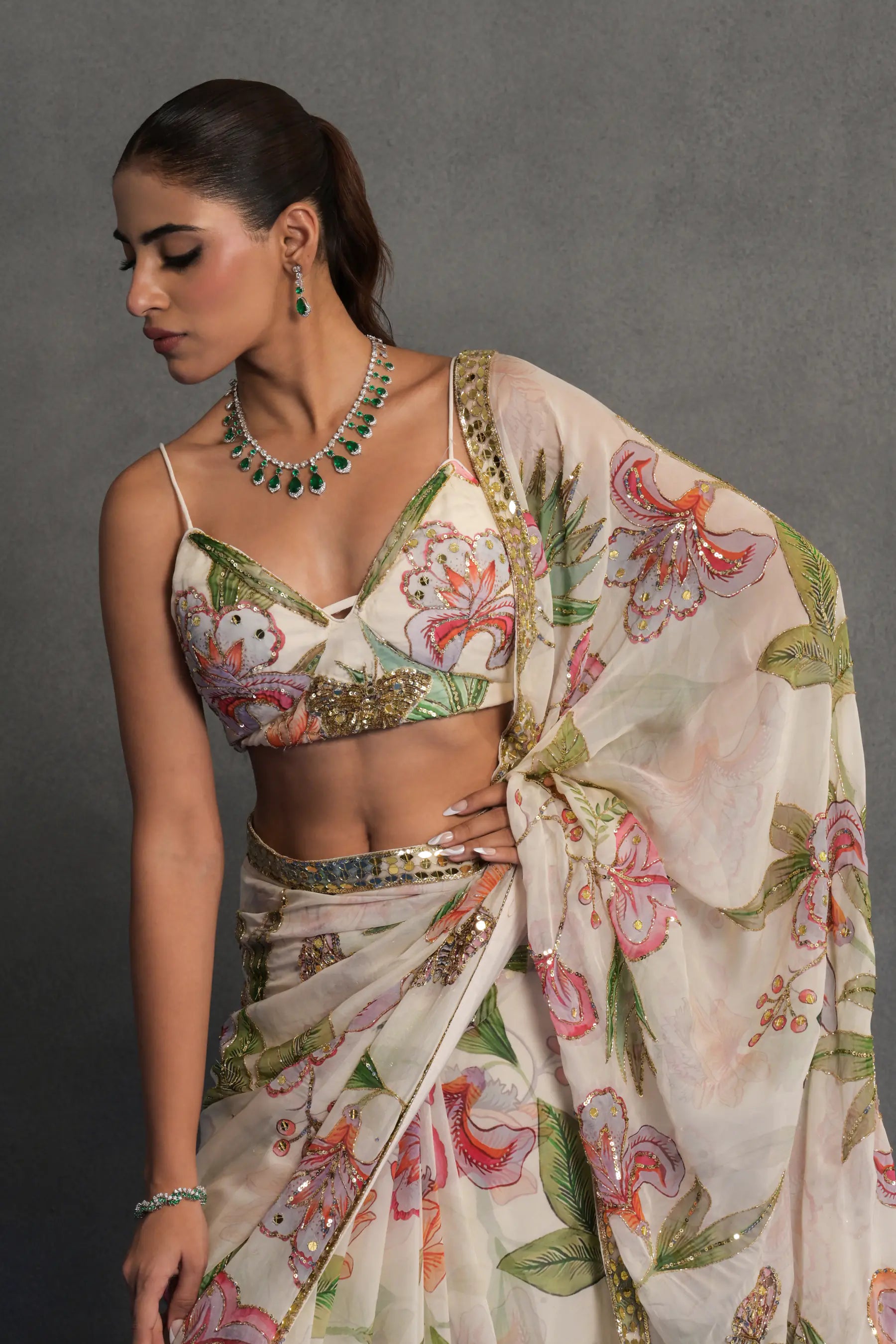 Ivory Floral Printed and Embellished Saree Set