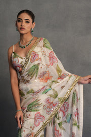 Ivory Floral Printed and Embellished Saree Set