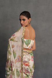 Ivory Floral Printed and Embellished Saree Set