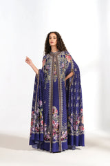 Royal Blue Floral Printed Cape Gown