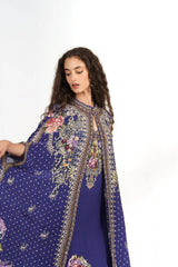 Royal Blue Floral Printed Cape Gown