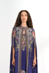 Royal Blue Floral Printed Cape Gown