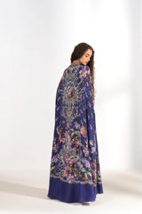 Royal Blue Floral Printed Cape Gown