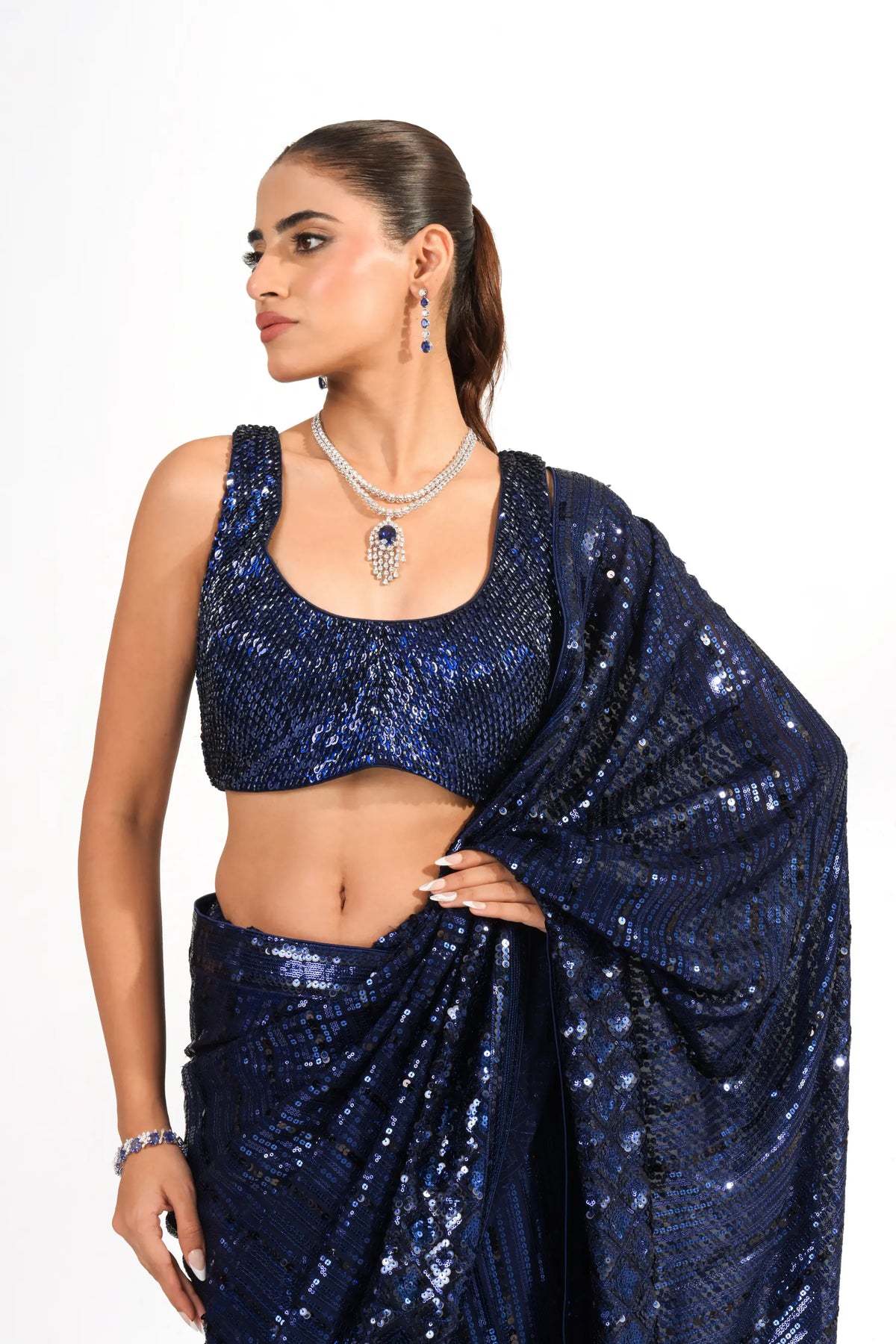 Navy Blue Sequinned Saree