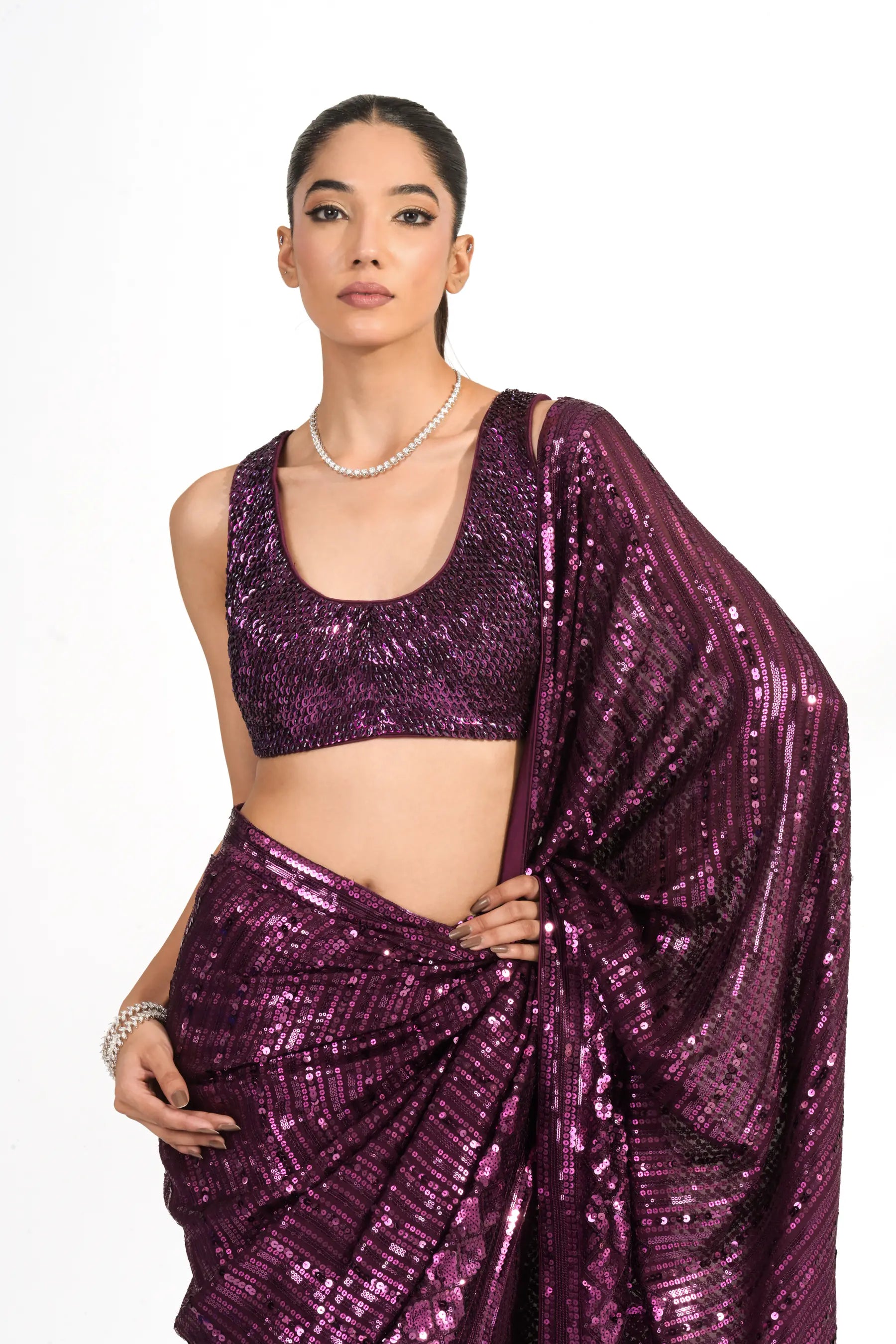 Plum Purple Sequinned Saree
