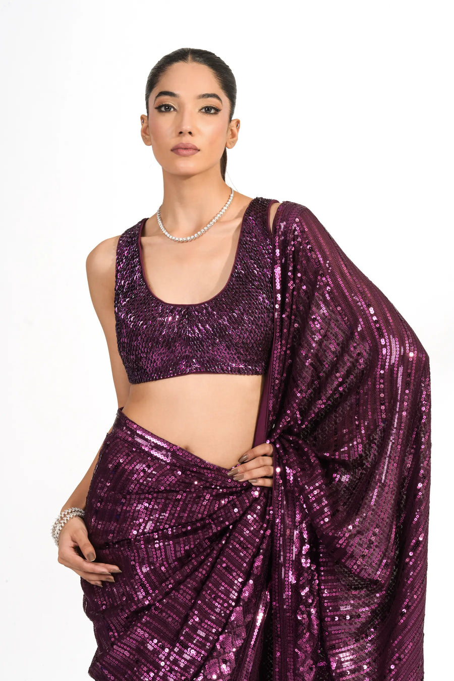 Plum Purple Sequinned Saree