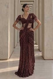 Chocolate Sequin Draped Saree