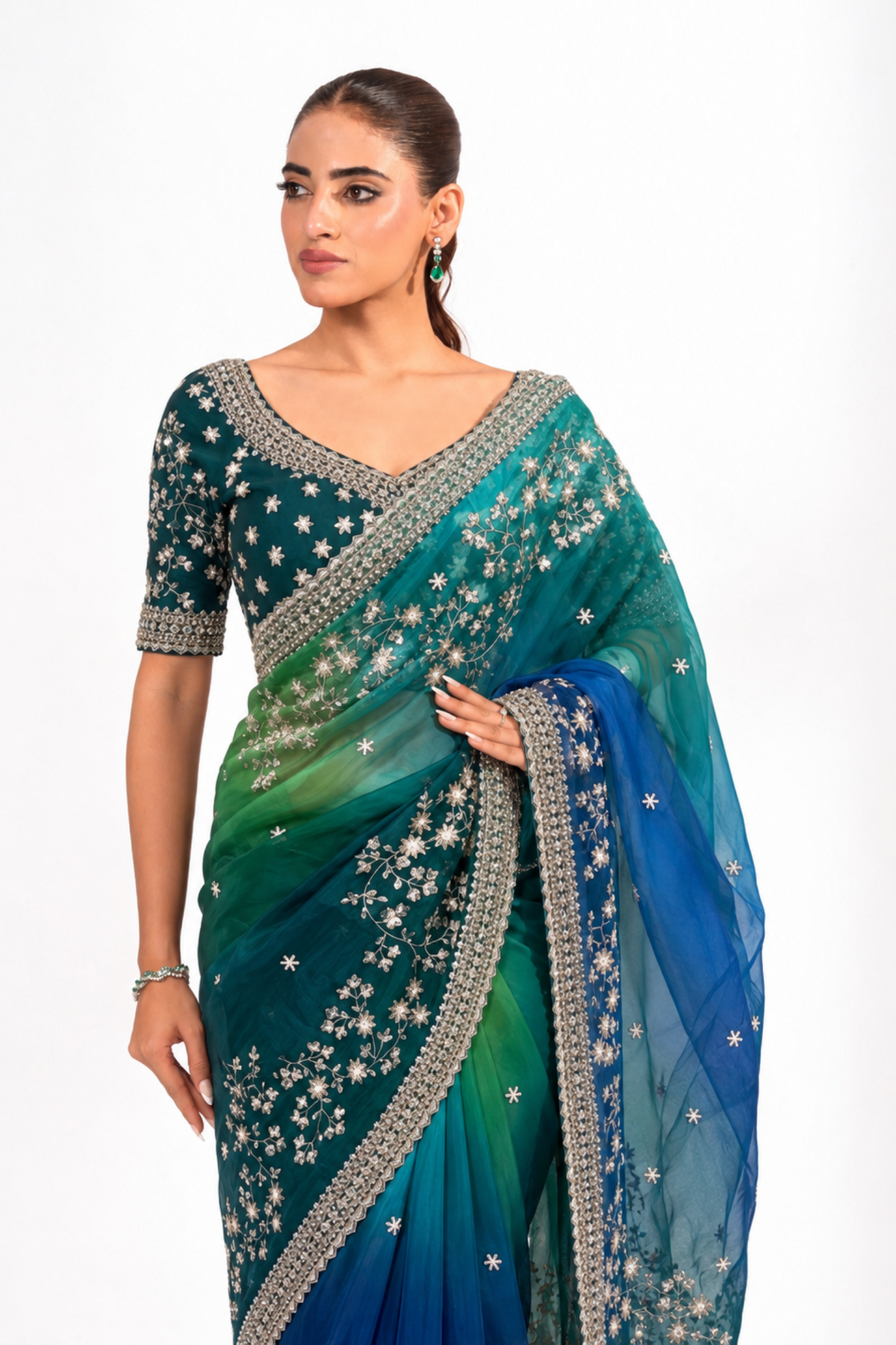 Aavya Teal Embroidered Saree