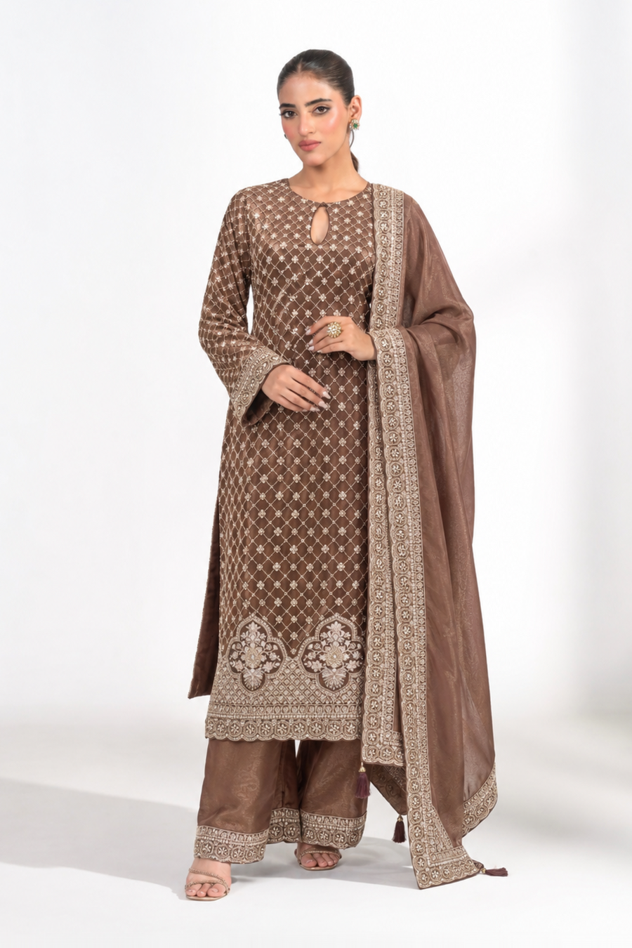 Aarohi Mocha Embroidered Kurta Set