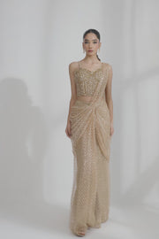 Champagne Gold Embellished Draped Saree Set
