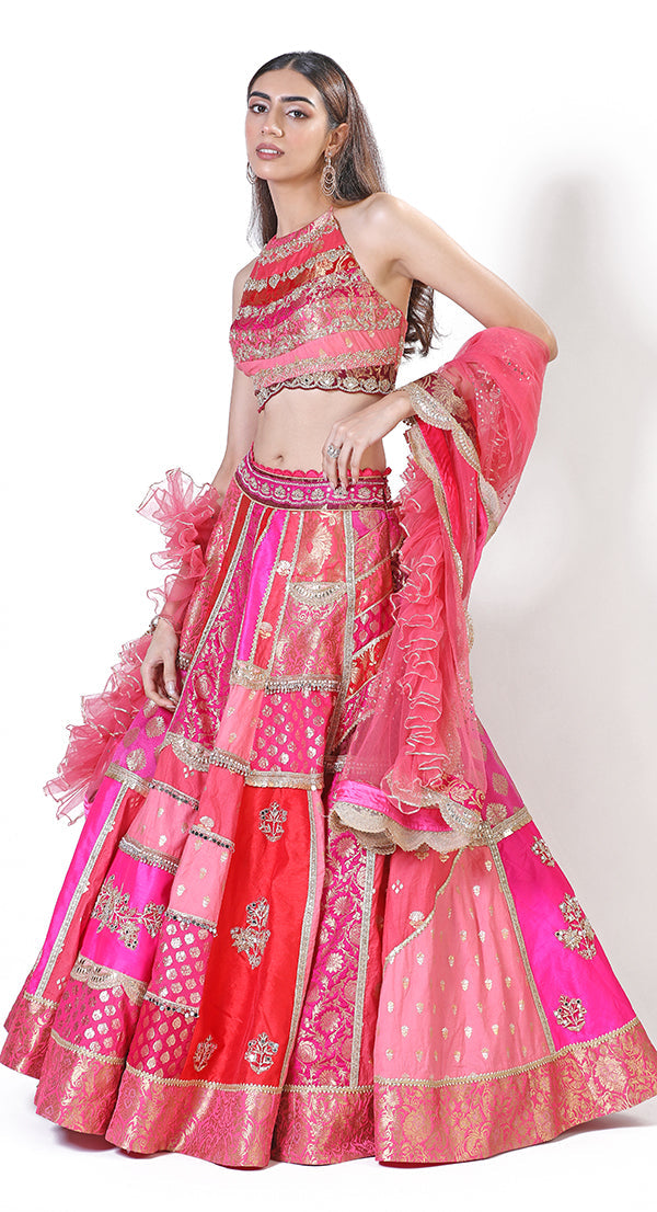Halter jamawar pink lehenga