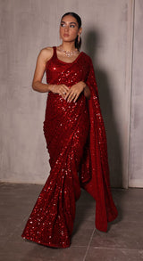 Fiery Red Sequin Saree