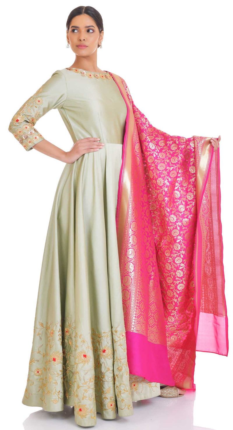 Buy Mohtarma Women's Banarasi Silk Gown Model One Piece Maxi Long Dress  Traditional Full Length Dola Silk Frock for Women Readymade Fullstiched  Gaun Online at desertcartINDIA