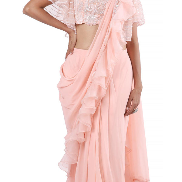 Buy Peach Pink Ready-To-Wear Saree With Fully Embroidered Blouse In Foil  Knit