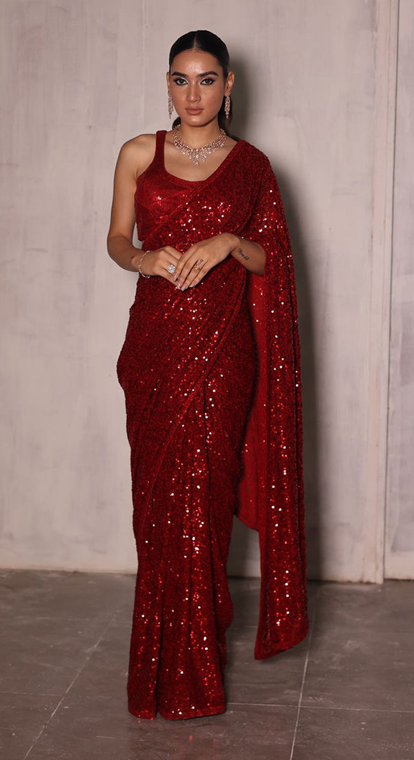Fiery Red Sequin Saree