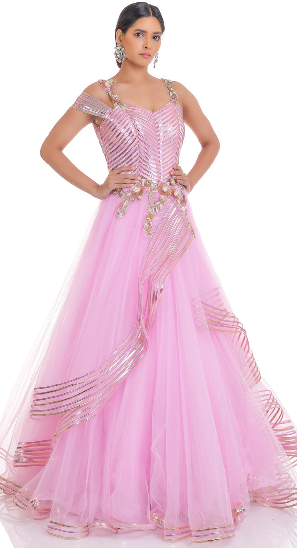 Buy Rani Pink Indo-Western Crepe Gown With Patchwork On The Neckline