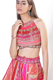Halter jamawar pink lehenga