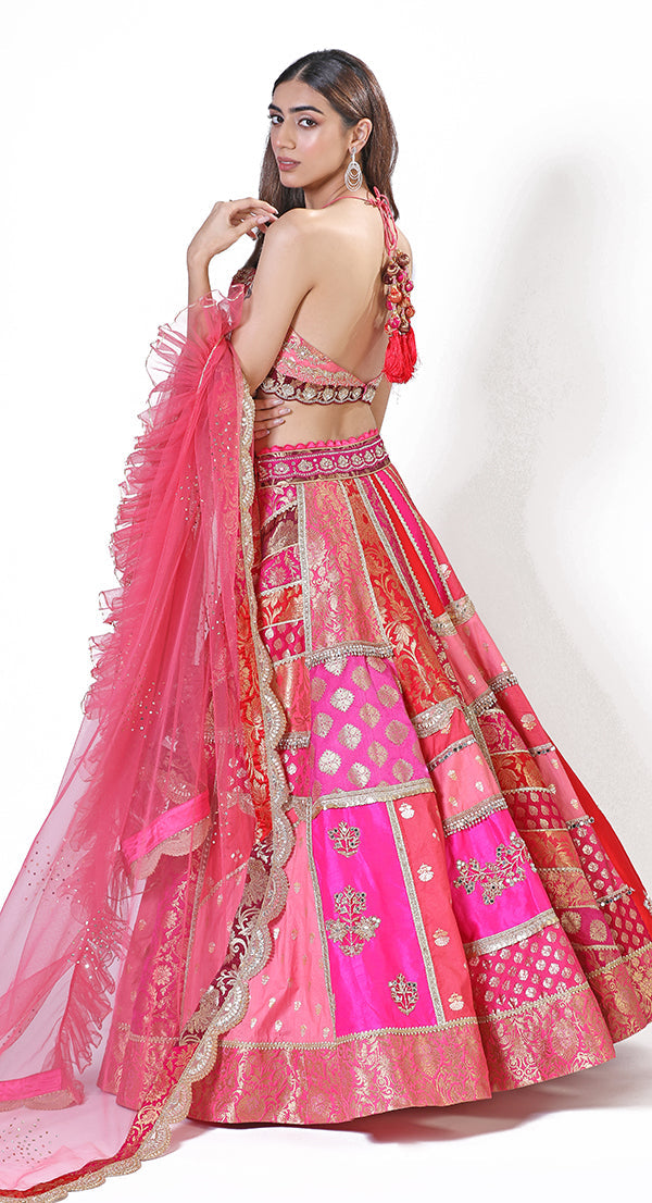 Halter jamawar pink lehenga