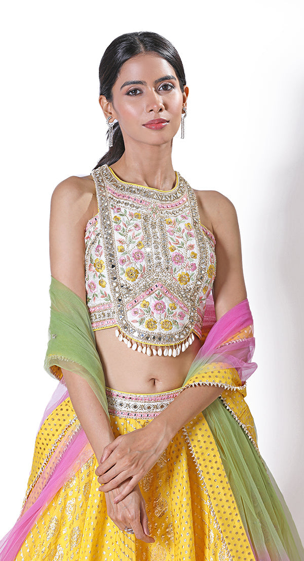Daisy yellow banarasi lehenga