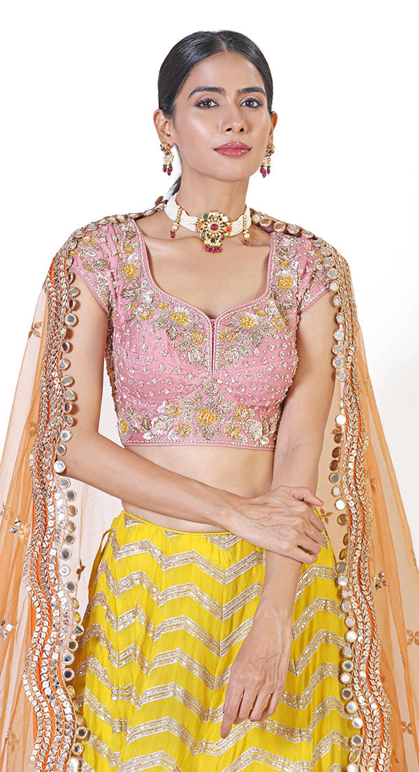 Shop Online Hot Pink and Yellow Banarasi Silk Sangeet Lehenga Choli :  189498 - Lehenga Choli