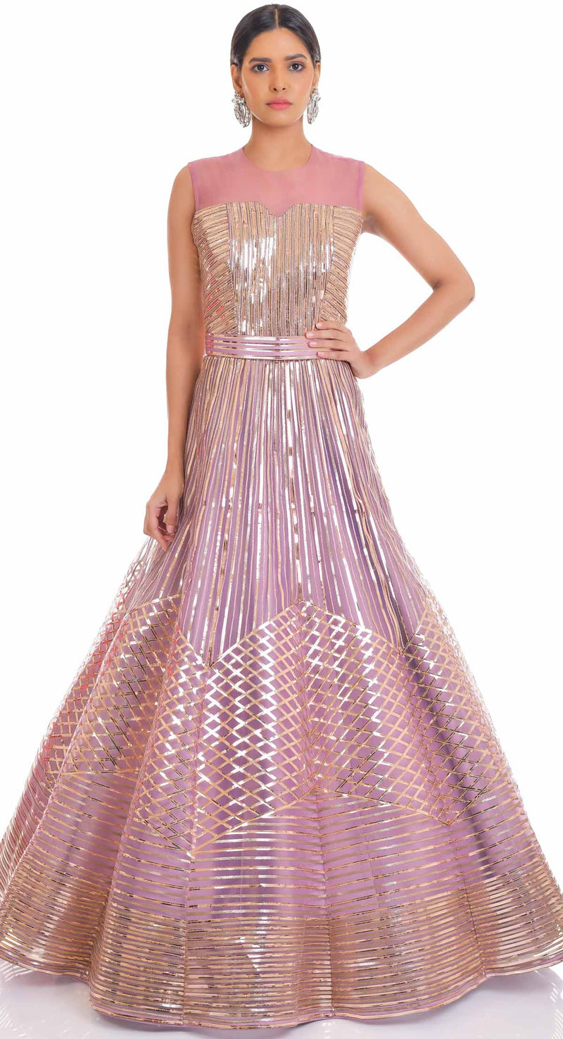 Gown : Baby pink net metallic foil work party wear designer ...