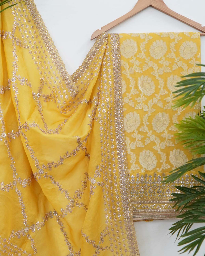YELLOW BANARASI GEORGETTE SHIRT WITH HEAVY ZARI DUPATTA – POSHAK