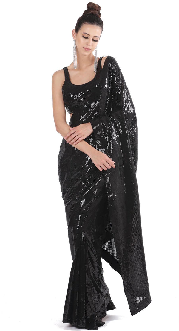 Black Knitted Sequin Saree