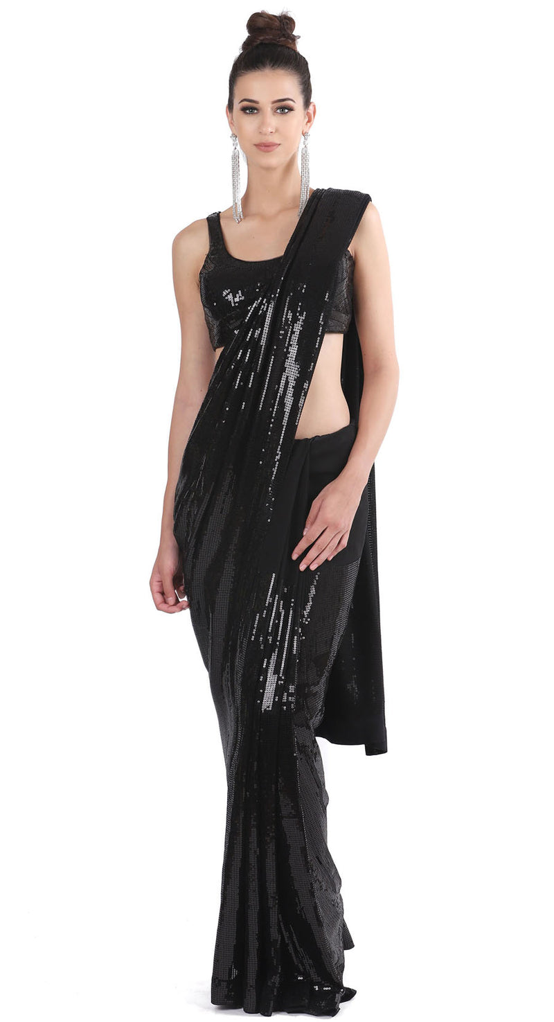 Black Knitted Sequin Saree