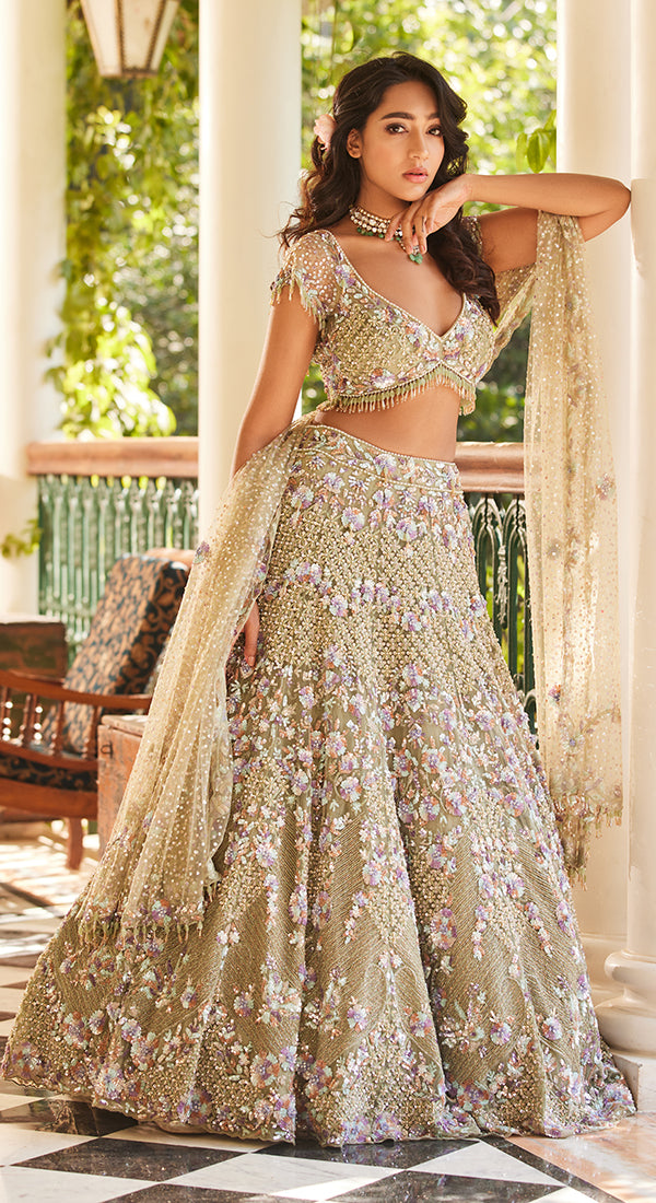 Dull Gold Net Sequins Embroidered Lehenga Set Design by Vvani By Vani Vats  at Pernia's Pop Up Shop 2024